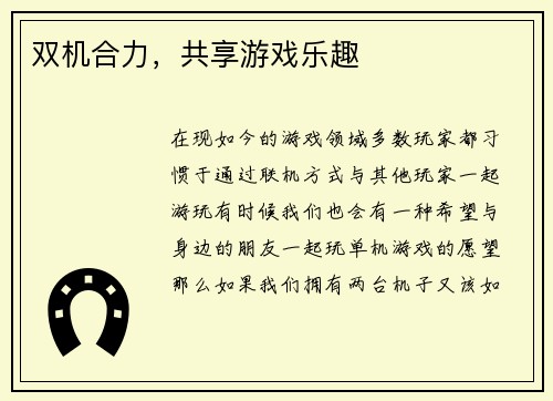 双机合力，共享游戏乐趣